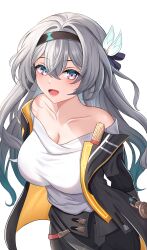 Rule 34 | 1girl, :d, absurdres, alternate breast size, bare shoulders, black hairband, black jacket, black skirt, blush, breasts, cleavage, commentary, cosplay, firefly (honkai: star rail), grey hair, hair between eyes, hairband, highres, honkai: star rail, honkai (series), jacket, large breasts, long hair, long sleeves, looking at viewer, off-shoulder shirt, off shoulder, open clothes, open jacket, open mouth, purple eyes, shirt, shouhaku0512, simple background, skirt, smile, solo, stelle (honkai: star rail), stelle (honkai: star rail) (cosplay), trailblazer (honkai: star rail), upper body, very long hair, white background, white shirt