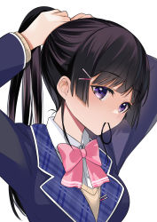 Rule 34 | 1girl, absurdres, beige vest, black hair, blazer, blue jacket, blunt bangs, bow, collared shirt, hair tie in mouth, highres, holding, holding own hair, jacket, looking at viewer, mouth hold, nijisanji, pink bow, ponytail, purple eyes, school uniform, shirt, solo, tate (donnguriumai), tsukino mito, tsukino mito (1st costume), tying hair, vest, virtual youtuber, white background