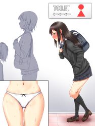 Rule 34 | 3girls, apotea, arrow (symbol), backpack, bag, black socks, black sweater, blue skirt, blush, bow, bow panties, breasts, brown footwear, brown hair, cameltoe, closed mouth, crotch, embarrassed, english text, faceless, faceless female, female focus, from side, full body, gluteal fold, green eyes, hand in pocket, handbag, have to pee, heel up, highres, idolmaster, idolmaster cinderella girls, kneehighs, leaning forward, long hair, long sleeves, miniskirt, multiple girls, multiple views, navel, necktie, nose blush, panties, pants, pleated skirt, profile, queue, school uniform, shibuya rin, shirt, shoes, short hair, sign, skindentation, skirt, small breasts, socks, solo focus, standing, striped neckwear, sweat, sweater, textless version, thigh gap, underwear, wavy mouth, white panties, white shirt