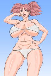Rule 34 | 00s, 1girl, absurdres, alternate breast size, bikini, breasts, capcom, covered erect nipples, curvy, earrings, female focus, highres, huge breasts, jewelry, mega man (series), mega man battle network, ms. madd (mega man), plump, simple background, smile, solo, swimsuit, twintails, white background, wide hips, zahkey