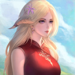 Rule 34 | 1girl, au ra, warrior of light (ff14), blonde hair, blurry, blurry background, chaosringen, china dress, chinese clothes, closed mouth, commission, day, dragon horns, dress, earrings, final fantasy, final fantasy xiv, flower, hair flower, hair ornament, highres, horns, jewelry, lips, long hair, outdoors, portrait, purple eyes, sleeveless, solo