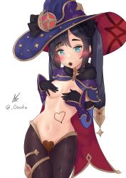 Rule 34 | 1girl, absurdres, aqua eyes, black gloves, black hair, black pantyhose, breasts, chocolate, covering privates, covering breasts, covering crotch, food in mouth, genshin impact, gloves, gouka, hat, highres, long hair, medium breasts, mona (genshin impact), navel, pantyhose, sidelocks, topless, twintails, valentine, witch hat