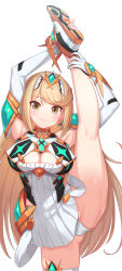 Rule 34 | 1girl, absurdres, armpits, bare legs, bare shoulders, blonde hair, breasts, chest jewel, cleavage, cleavage cutout, clothing cutout, dress, earrings, elbow gloves, feet out of frame, gloves, green322, highres, jewelry, large breasts, long hair, mythra (xenoblade), panties, pantyshot, short dress, simple background, solo, split, standing, standing on one leg, standing split, swept bangs, thigh strap, tiara, underwear, very long hair, white background, white dress, white footwear, white gloves, white panties, xenoblade chronicles (series), xenoblade chronicles 2, yellow eyes
