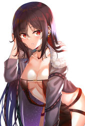 Rule 34 | 1girl, arched back, arm support, black choker, black dress, blush, breasts, brown hair, center opening, choker, collarbone, commentary, cowboy shot, dress, earrings, fate/grand order, fate (series), fur-trimmed jacket, fur collar, fur trim, grey jacket, groin, hair flip, hand up, highres, jacket, jewelry, leaning forward, long hair, long sleeves, looking at viewer, medium breasts, navel, open clothes, open jacket, parted lips, piercing, red eyes, revealing clothes, revision, ribbon trim, sidelocks, simple background, solo, starry sky print, sunhyun, very long hair, white background, yu mei-ren (fate)