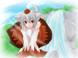 Rule 34 | 1girl, animal ears, arms in front, blush, cloud, day, female focus, flying, hat, inubashiri momiji, monrooru, nature, outdoors, red eyes, sky, smile, solo, tail, touhou, v arms, water, waterfall, white hair, wolf ears, wolf tail