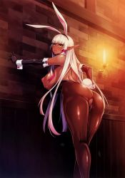 Rule 34 | 1girl, animal ears, aoi nagisa (metalder), ass, bare shoulders, black gloves, breasts, breasts out, curvy, dark-skinned female, dark elf, dark skin, elbow gloves, elf, evelyn celebrian, fake animal ears, female focus, fishnet pantyhose, fishnets, gloves, huge breasts, leotard, long hair, nipples, pantyhose, parted lips, playboy bunny, pointy ears, puffy nipples, rabbit ears, rabbit tail, shiny skin, smile, solo, standing, tail, very long hair, white hair, wrist cuffs, yellow eyes, youkoso! sukebe elf no mori e