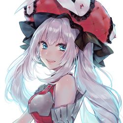 Rule 34 | 1girl, :d, blue eyes, blush, detached sleeves, fate/grand order, fate (series), from side, hair between eyes, hat, head tilt, highres, long hair, looking at viewer, marie antoinette (fate), open mouth, red hat, shiny skin, silver hair, simple background, smile, solo, sudach koppe, twintails, very long hair, white background