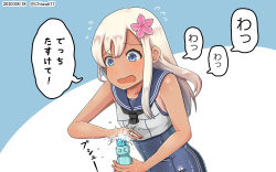 Rule 34 | 1girl, black neckerchief, black one-piece swimsuit, black sailor collar, blonde hair, blue eyes, bottle, chiwa (chiwa0617), commentary request, crop top, dated, flower, flying sweatdrops, hair flower, hair ornament, highres, kantai collection, leaning forward, long hair, neckerchief, one-hour drawing challenge, one-piece swimsuit, one-piece tan, open mouth, ramune, ro-500 (kancolle), sailor collar, sailor shirt, school swimsuit, shirt, solo, spill, swimsuit, swimsuit under clothes, tan, tanline, translation request, twitter username, two-tone background, upper body, wavy mouth