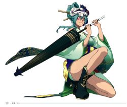 Rule 34 | 1girl, apron, arrancar, bleach, bleach: brave souls, breasts, cleavage, facepaint, full body, green hair, grey eyes, highres, japanese clothes, kimono, kubo tite, large breasts, long hair, looking at viewer, nelliel tu odelschwanck, non-web source, official art, simple background, skull, smile, solo, umbrella, yukata