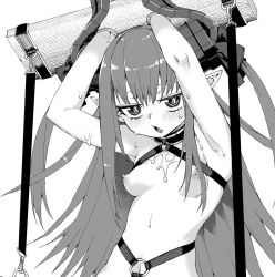 Rule 34 | 1girl, akitsuki itsuki, armpits, arms up, bound, bound wrists, bright pupils, collar, elizabeth bathory (fate), elizabeth bathory (fate/extra ccc), fate/grand order, fate (series), greyscale, hands up, horn ornament, horns, long hair, looking at viewer, metal collar, monochrome, navel, nipples, nude, o-ring, parted lips, pillory, pointy ears, slit pupils, solo, sweat, upper body, white pupils