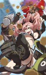 1boy 2girls amillion_(zenless_zone_zero) anby_demara bangboo_(zenless_zone_zero) billy_kid breasts burger facing_away falling food green_eyes highres large_breasts long_hair midair multiple_girls nicole_demara open_mouth orphen_(pink_seito) outstretched_arms pink_hair tears underboob upside-down wide-eyed zenless_zone_zero