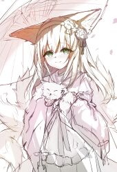 Rule 34 | 1girl, absurdres, animal, animal ear fluff, animal ears, apron, arknights, blonde hair, blush, closed mouth, commentary request, douya dada, flower, fox, fox ears, fox girl, fox tail, frilled apron, frills, green eyes, hair between eyes, hairband, highres, holding, holding animal, japanese clothes, kimono, long hair, looking at viewer, nose blush, oil-paper umbrella, petals, pink kimono, simple background, sketch, smile, solo, suzuran (arknights), suzuran (yukibare) (arknights), tail, umbrella, very long hair, white apron, white background, white flower, white hairband