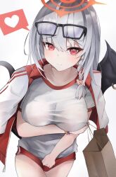 Rule 34 | 1girl, black tail, black wings, blue archive, blush, braid, breasts, buruma, closed mouth, cowboy shot, demon wings, eyewear on head, grey hair, gym shirt, gym uniform, halo, haruna (blue archive), haruna (track) (blue archive), heart, highres, jacket, jacket on shoulders, large breasts, long hair, looking at viewer, official alternate costume, red buruma, red eyes, red halo, shirt, side braid, simple background, single wing, solo, spoken heart, sunglasses, track jacket, umber00, wet, wet clothes, wet shirt, white background, white jacket, white shirt, wings
