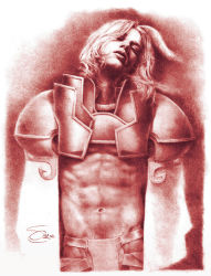 Rule 34 | 00s, 1boy, abs, armor, blonde hair, chastity belt, chastity cage, choker, final fantasy, final fantasy ix, kuja, lips, male focus, midriff, monochrome, muscular, navel, realistic, solo