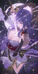 Rule 34 | 1girl, absurdres, black gloves, black thighhighs, breasts, breasts out, cleavage, detached sleeves, drawing sword, elbow gloves, electricity, genshin impact, gloves, glowing, gold trim, highres, holding, holding sword, holding weapon, hxxg, japanese clothes, kimono, large breasts, long hair, looking at viewer, mitsudomoe (shape), moon, nail polish, neck ribbon, night, night sky, parted lips, partially fingerless gloves, purple eyes, purple hair, purple kimono, purple nails, raiden shogun, red ribbon, ribbon, sidelocks, sky, solo, standing, sword, sword between breasts, thighhighs, tomoe (symbol), weapon