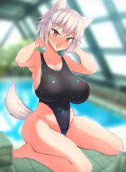 Rule 34 | 1girl, :d, animal ears, armpits, arms behind head, black one-piece swimsuit, blurry, blurry background, blurry foreground, blush, breasts, cleavage, full body, haruka (haruka channel), highres, indoors, inubashiri momiji, large breasts, looking at viewer, one-piece swimsuit, open mouth, poolside, red eyes, rei no pool, short hair, sitting, smile, solo, swimsuit, tail, touhou, wariza, water, white hair, wolf ears, wolf girl, wolf tail