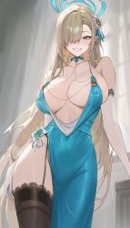 1girl alternate_costume artist_name asuna_(blue_archive) bare_shoulders black_thighhighs blonde_hair blue_archive blue_choker blue_dress blue_eyes blue_halo blush borrowed_design breasts choker collarbone covered_navel dot_nose dress elbow_gloves feet_out_of_frame gloves grin hair_ornament hair_over_one_eye halo highres lace lace-trimmed_legwear lace_trim large_breasts long_hair looking_at_viewer mole mole_on_breast one_eye_covered rucarachi smile solo standing thighhighs very_long_hair white_gloves