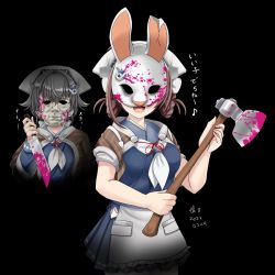 Rule 34 | 2girls, animal ears, apron, axe, bandana, black background, black hair, blood, blood on mask, blood stain, bloody knife, blue skirt, broken mask, brown hair, brown shawl, chougei (kancolle), commentary request, dead by daylight, fake animal ears, hair flaps, hair rings, halloween (movie), holding, holding axe, holding knife, jingei (kancolle), kantai collection, kitchen knife, knife, long hair, low ponytail, mask, michael myers, multiple girls, neckerchief, open mouth, pink blood, pleated skirt, rabbit ears, rabbit mask, shawl, simple background, skirt, smile, the huntress (dead by daylight), tk8d32, translation request, waist apron, white apron, white bandana, white mask, white neckerchief, yandere
