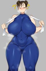 Rule 34 | 1girl, alternate breast size, blush, breasts, brown eyes, brown hair, capcom, chamchami, chun-li, curvy, highres, huge breasts, plump, simple background, solo, standing, street fighter, street fighter zero (series), sweat, thick thighs, thighs, wide hips