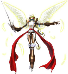 Rule 34 | armor, blonde hair, brown armor, digimon, digimon (creature), digimon story: cyber sleuth, duftmon, feathers, full armor, green eyes, holding, holding sword, holding weapon, joints, monster, no humans, official art, red sash, royal knights, sash, shoulder pads, simple background, sword, tail, weapon, white background, white wings, wings, yasuda suzuhito