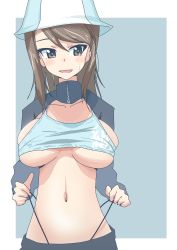 Rule 34 | 1girl, absurdres, blush, breasts, brown eyes, brown hair, collarbone, covered erect nipples, girls und panzer, hat, highres, keizoku military uniform, large breasts, mika (girls und panzer), military, military uniform, navel, no bra, open mouth, pero (gessoyo), shiny skin, short hair, smile, solo, sweat, underboob, uniform, upper body