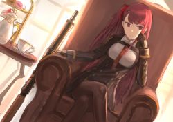 Rule 34 | 1girl, absurdres, bipod, black pantyhose, black skirt, blazer, blush, breasts, bullpup, closed mouth, crossed legs, cup, dutch angle, elbow rest, girls&#039; frontline, gloves, gun, hair ribbon, half updo, high-waist skirt, highres, indoors, jacket, large breasts, long hair, looking at viewer, necktie, one side up, pantyhose, purple hair, red eyes, red necktie, ribbon, rifle, saucer, sitting, skirt, sniper rifle, solo, table, tararelux, teapot, very long hair, wa2000 (girls&#039; frontline), walther, walther wa 2000, weapon