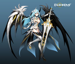 Rule 34 | armor, blue hair, closers, full body, gloves, highres, horns, long hair, navel, official art, sword, violet (closers), weapon, wings, yellow eyes