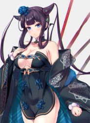 Rule 34 | 1girl, absurdres, bare shoulders, black dress, black kimono, blue eyes, blush, breasts, cleavage, detached collar, dress, fate/grand order, fate (series), flower, flute, hair flower, hair ornament, highres, instrument, japanese clothes, kimono, large breasts, leaf hair ornament, long hair, long sleeves, looking at viewer, off shoulder, open clothes, open kimono, purple hair, side slit, sidelocks, solo, thighs, twintails, very long hair, wide sleeves, yahan (mctr5253), yang guifei (fate), yang guifei (tour outfit) (fate)