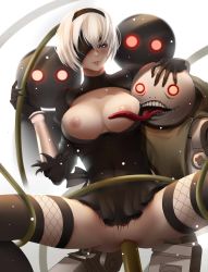 Rule 34 | 1girl, absurdres, bearwitch, blindfold, blue eyes, breasts, breasts out, dress, feather-trimmed sleeves, fishnet legwear, fishnets, glowing, glowing eyes, hairband, hand on another&#039;s head, highres, long tongue, nier (series), nier:automata, nipples, object insertion, one eye covered, parted lips, pussy, red eyes, robot, tagme, teeth, tongue, torn clothes, uncensored, vaginal, vaginal object insertion, white hair, 2b (nier:automata)