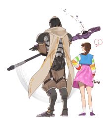 Rule 34 | 1boy, 1girl, ?, adjusting another&#039;s clothes, ankle socks, blue jeogori, braid, brown hair, brown pants, brown scarf, d.va (overwatch), flats, from behind, full body, highres, holding, holding staff, holding weapon, humanoid robot, multicolored jeogori, official alternate costume, overwatch, overwatch 2, palanquin d.va, pants, pink skirt, purple footwear, ramattra (overwatch), robot, scarf, simple background, single braid, skirt, socks, spoken question mark, staff, standing, velinxi, weapon, white background, white socks, wind