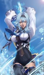 Rule 34 | 1girl, armband, arms behind head, arms up, blue hair, bodysuit, boots, breasts, eula (genshin impact), genshin impact, gloves, highres, kouichi09, looking at viewer, outdoors, snowflakes, solo, thigh boots, thigh strap, thighhighs