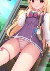 Rule 34 | 1girl, bag, blonde hair, blue sky, breasts, brown bag, cameltoe, commentary request, cropped, day, dress, dutch angle, gluteal fold, highres, little witch nobeta, long hair, long sleeves, looking at viewer, nobeta, official art, panties, pantyshot, purple dress, red eyes, shoulder bag, sky, small breasts, solo, standing, straight hair, striped clothes, striped panties, thighs, underwear, very long hair, white sleeves