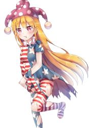 Rule 34 | 1girl, :t, american flag dress, american flag legwear, bad id, bad pixiv id, blonde hair, blush, clownpiece, dress, hat, highres, jester cap, long hair, looking at viewer, neck ruff, pantyhose, polka dot, pout, re-ka, red eyes, short dress, simple background, solo, star (symbol), star print, striped, torn clothes, torn dress, torn pantyhose, touhou, very long hair, white background