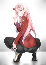 Rule 34 | 10s, 1girl, aqua eyes, artist request, ass, boots, breasts, candy, darling in the franxx, deep skin, food, from behind, grin, hairband, hand on ass, highres, horns, lollipop, long hair, looking at viewer, looking back, military, military uniform, panties, panties under pantyhose, pantyhose, pink hair, sideboob, smile, solo, squatting, underwear, uniform, very long hair, zero two (darling in the franxx)