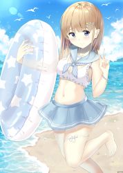 Rule 34 | 1girl, 7 calpis 7, bare arms, bare shoulders, barefoot, beach, blue eyes, blue sailor collar, blue skirt, blue sky, blush, breasts, brown hair, cleavage, cleavage cutout, closed mouth, clothing cutout, cloud, cloudy sky, collarbone, commentary request, crop top, day, fingernails, hair ornament, hairclip, hand up, highres, holding, horizon, innertube, long hair, medium breasts, midriff, navel, ocean, original, outdoors, pleated skirt, sailor collar, sand, school uniform, serafuku, shirt, signature, skindentation, skirt, sky, sleeveless, sleeveless shirt, smile, solo, standing, standing on one leg, star (symbol), star hair ornament, swim ring, toenails, transparent, v, water, white shirt