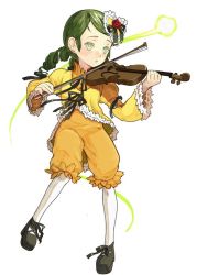 Rule 34 | 00s, 1girl, arm garter, b-ginga, bow (music), drill hair, full body, green hair, hair ornament, instrument, kanaria, long sleeves, music, playing instrument, puffy pants, ribbon, rozen maiden, shoes, simple background, solo, violin, white background, white eyes