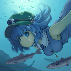 Rule 34 | 1girl, bad id, bad pixiv id, blue eyes, blue hair, breasts, female focus, fish, hair bobbles, hair ornament, hat, kawashiro nitori, key, kuro oolong, matching hair/eyes, short twintails, sleeveless, smile, solo, touhou, twintails, two side up, underwater