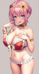 Rule 34 | 1girl, armlet, bare shoulders, bikini, blue eyes, bracelet, braid, breasts, cleavage, collarbone, commentary, covered erect nipples, flower, frilled bikini, frills, grey background, hair between eyes, hair flower, hair ornament, hands up, hip bones, jewelry, lambda (kusowarota), large breasts, looking at viewer, navel, open mouth, pink hair, princess connect!, red bikini, red flower, solo, swimsuit, thighs, yellow flower, yui (princess connect!), yui (summer) (princess connect!)