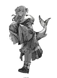 Rule 34 | 1girl, belt, fins, fish tail, floating hair, full body, gawr gura, greyscale, grin, hands up, hashtag-only commentary, highres, hololive, hololive english, hood, hood down, hooded coat, legs together, long hair, long sleeves, looking at viewer, matata1203, monochrome, multicolored hair, pleated skirt, shoes, simple background, skirt, sleeves past fingers, sleeves past wrists, smile, socks, solo, standing, streaked hair, tail, two side up, virtual youtuber