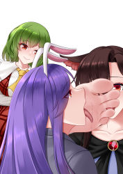 Rule 34 | 3girls, absurdres, animal ears, barefoot, brown hair, collarbone, commission, feet, foot worship, gem, highres, imaizumi kagerou, kazami yuuka, licking, licking foot, long hair, medium hair, multiple girls, necktie, oirin, pixiv commission, purple hair, rabbit ears, rabbit girl, red eyes, reisen udongein inaba, saliva, simple background, smile, soles, toes, tongue, tongue out, touhou, white background, wolf ears, wolf girl, yuri
