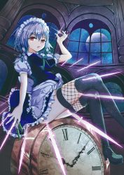 Rule 34 | 1girl, absurdres, apron, arm up, back bow, between fingers, black footwear, black thighhighs, blue dress, bow, braid, breasts, clock, clock hands, commentary request, danmaku, dress, fishnet thighhighs, fishnets, frilled dress, frills, full moon, green neckwear, green ribbon, hair ribbon, high heels, highres, holding, holding knife, izayoi sakuya, knife, knives between fingers, large breasts, lips, looking at viewer, maid, maid apron, maid headdress, moon, night, observatory, open mouth, puffy short sleeves, puffy sleeves, red eyes, ribbon, sash, shirt, short hair, short sleeves, silver hair, sitting, solo, sparkle, thighhighs, thighs, touhou, tress ribbon, twin braids, white sash, white shirt, window, yamanakaume