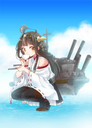 Rule 34 | 10s, 1girl, bad id, bad pixiv id, braid, brown hair, cup, drinking, hairband, japanese clothes, kantai collection, kongou (kancolle), koruri, machinery, personification, plate, solo, squatting, thighhighs, turret, yellow eyes