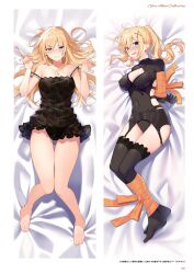 Rule 34 | 1girl, ahoge, arms behind back, bare legs, barefoot, black gloves, black leotard, black negligee, black panties, black thighhighs, blonde hair, blue eyes, blush, bound, bound arms, bound legs, braid, breasts, cleavage, cleavage cutout, closed mouth, clothing cutout, collarbone, covered navel, dakimakura (medium), darkness (konosuba), from above, full body, garter belt, gloves, gluteal fold, hair between eyes, hair down, hair ornament, highres, kono subarashii sekai ni shukufuku wo!, large breasts, leotard, long hair, looking at viewer, lying, mishima kurone, official art, on back, on side, open mouth, page number, panties, ponytail, solo, straight hair, strap slip, thigh gap, thighhighs, underwear, very long hair, wavy mouth, x hair ornament