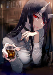 Rule 34 | 1girl, abyssal ship, alcohol, alternate costume, battleship princess, black collar, breasts, collar, cup, drinking glass, elbow rest, eyelashes, hair between eyes, head rest, highres, holding, holding cup, horns, indoors, kantai collection, large breasts, lips, long hair, looking at viewer, nail polish, pale skin, pink nails, red eyes, shirt, shot glass, smile, solo, sparkle, walzrj, white shirt