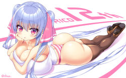 Rule 34 | 1girl, ass, blue hair, blush, breasts, brown thighhighs, highres, huge breasts, legs together, long hair, looking at viewer, lying, on stomach, oppai loli, original, panties, red eyes, riko (shuz), shiny skin, shoes, shortstack, shuz (dodidu), solo, striped clothes, striped panties, tank top, thighhighs, twintails, two side up, underwear