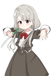 Rule 34 | 1girl, black jacket, black ribbon, black skirt, blouse, blush stickers, bow, braid, braided bangs, brown eyes, closed mouth, collared shirt, commentary request, dress shirt, food, foreshortening, grey hair, hair ribbon, highres, hisakawa nagi, holding, holding food, idolmaster, idolmaster cinderella girls, idolmaster cinderella girls starlight stage, jacket, juliet sleeves, long hair, long sleeves, low twintails, pleated skirt, puffy sleeves, red bow, ribbon, shirt, shiwa (siwaa0419), simple background, skirt, solo, spring onion, twintails, very long hair, white background, white shirt