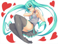 Rule 34 | 1girl, aqua eyes, aqua hair, blush, full body, hatsune miku, heart, heart hands, highres, long hair, necktie, panties, papino, simple background, skirt, smile, solo, striped clothes, striped panties, thighhighs, twintails, underwear, very long hair, vocaloid, white background
