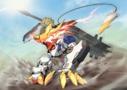 Rule 34 | absurdres, blue sky, cable, claws, cloud, cloudy sky, dated commentary, glowing, glowing eyes, gundam, gundam barbatos lupus rex, gundam tekketsu no orphans, highres, holding, holding mace, holding weapon, mace, mecha, mechanical tail, mobile suit, no humans, red eyes, robot, sd gundam, sky, solo, sunlight, tail, v-fin, weapon, zakuma