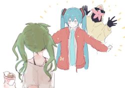 Rule 34 | 1other, 2girls, aqua eyes, aqua hair, aqua necktie, commentary, cup, dual persona, flower, food, green hair, grey shirt, hair ornament, hands up, hatsune miku, holding, holding cup, hood, hooded coat, jacket, kaimo (mi6kai), long hair, looking at another, multiple girls, necktie, nissin cup noodle, outstretched arms, pasta, red jacket, shirt, smile, spaghetti, suna no wakusei (vocaloid), twintails, very long hair, vocaloid, white background