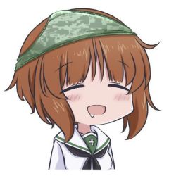 Rule 34 | 1girl, blush, breasts, brown hair, camouflage, camouflage panties, closed eyes, girls und panzer, hazuki haru, implied yuri, lowres, nishizumi miho, object on head, ooarai school uniform, open mouth, panties, panties on head, saliva, school uniform, short hair, simple background, small breasts, smile, solo, underwear, upper body, white background